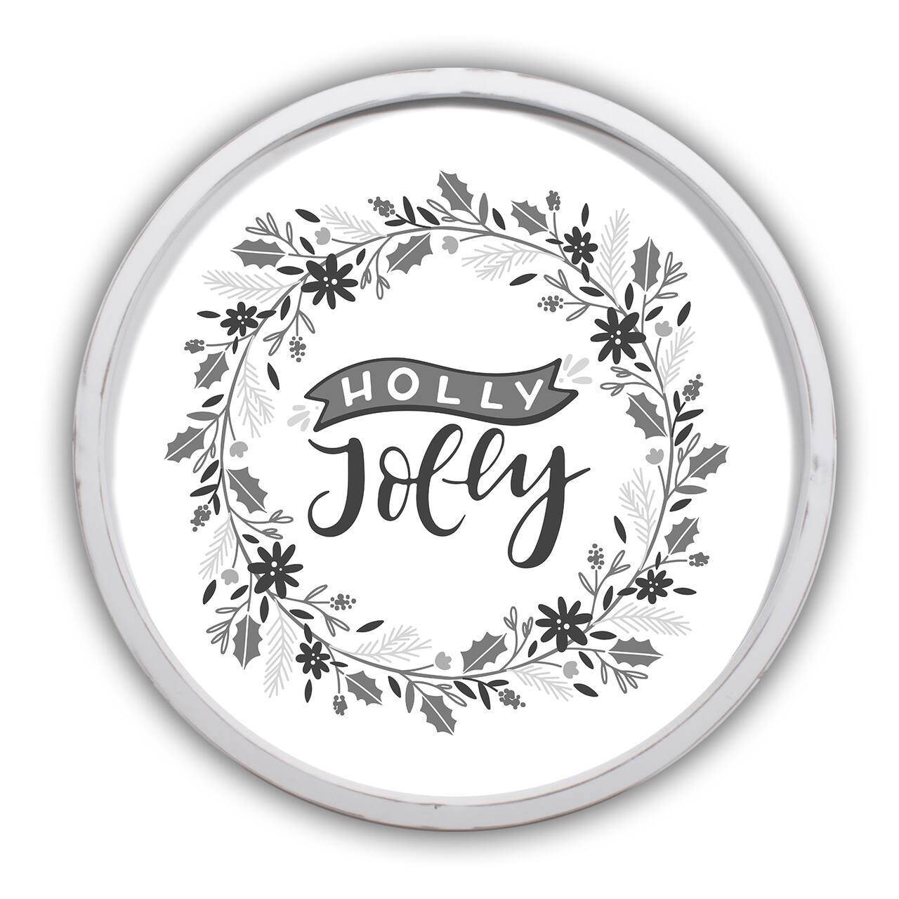 Holly Jolly Wreath Round White Framed Print Wall Art